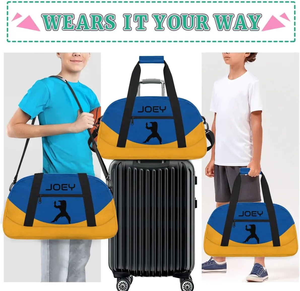 Personalized Martial Art Bag Duffel Bag for Boys Girls, Custom Taekwondo Karate Bag for Travel Weekender Practice Blue Yellow