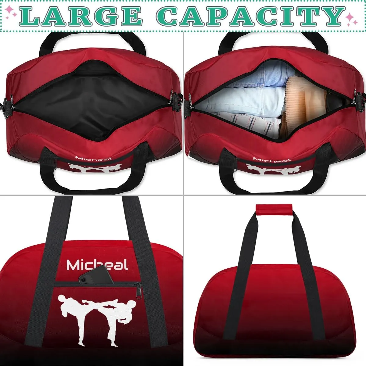 Personalized Martial Art Bag Duffel Bag for Boys Girls, Custom Taekwondo Karate Bag for Travel Weekender Practice Gradient Black