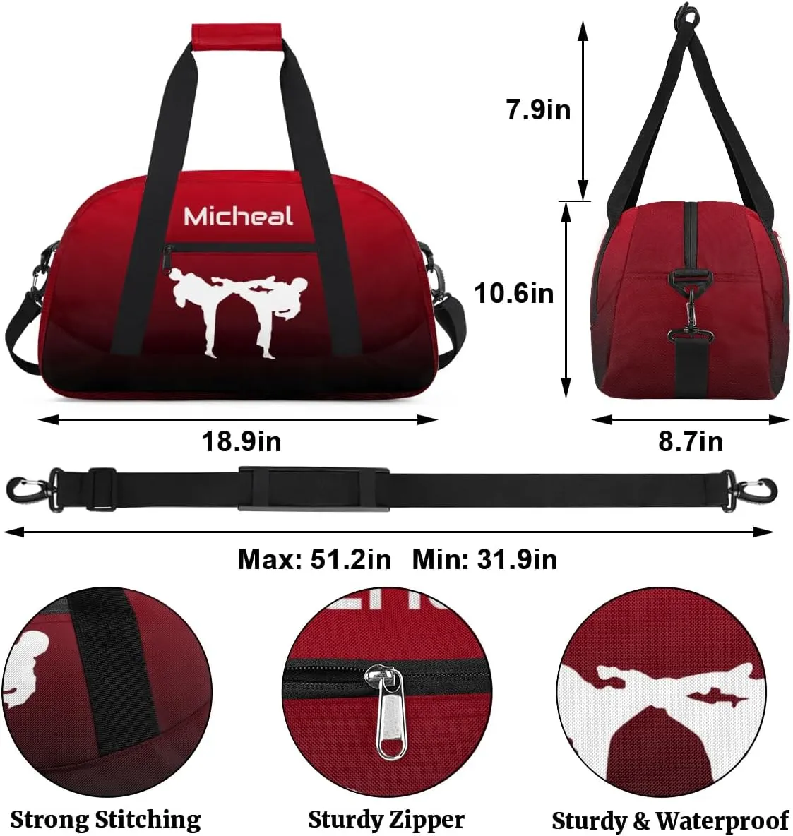 Personalized Martial Art Bag Duffel Bag for Boys Girls, Custom Taekwondo Karate Bag for Travel Weekender Practice Gradient Black