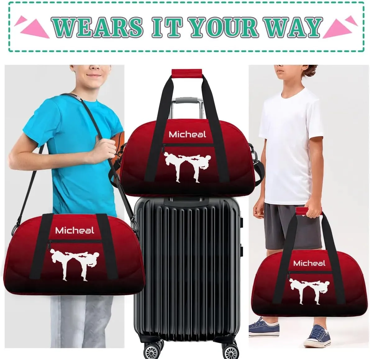 Personalized Martial Art Bag Duffel Bag for Boys Girls, Custom Taekwondo Karate Bag for Travel Weekender Practice Gradient Black