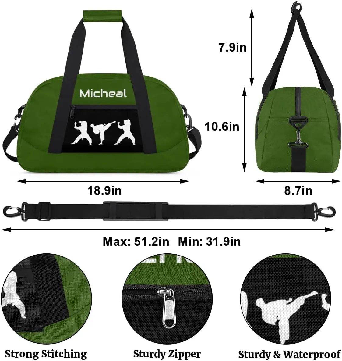 Personalized Martial Art Bag Duffel Bag for Boys Girls, Custom Taekwondo Karate Bag for Travel Weekender Practice Green