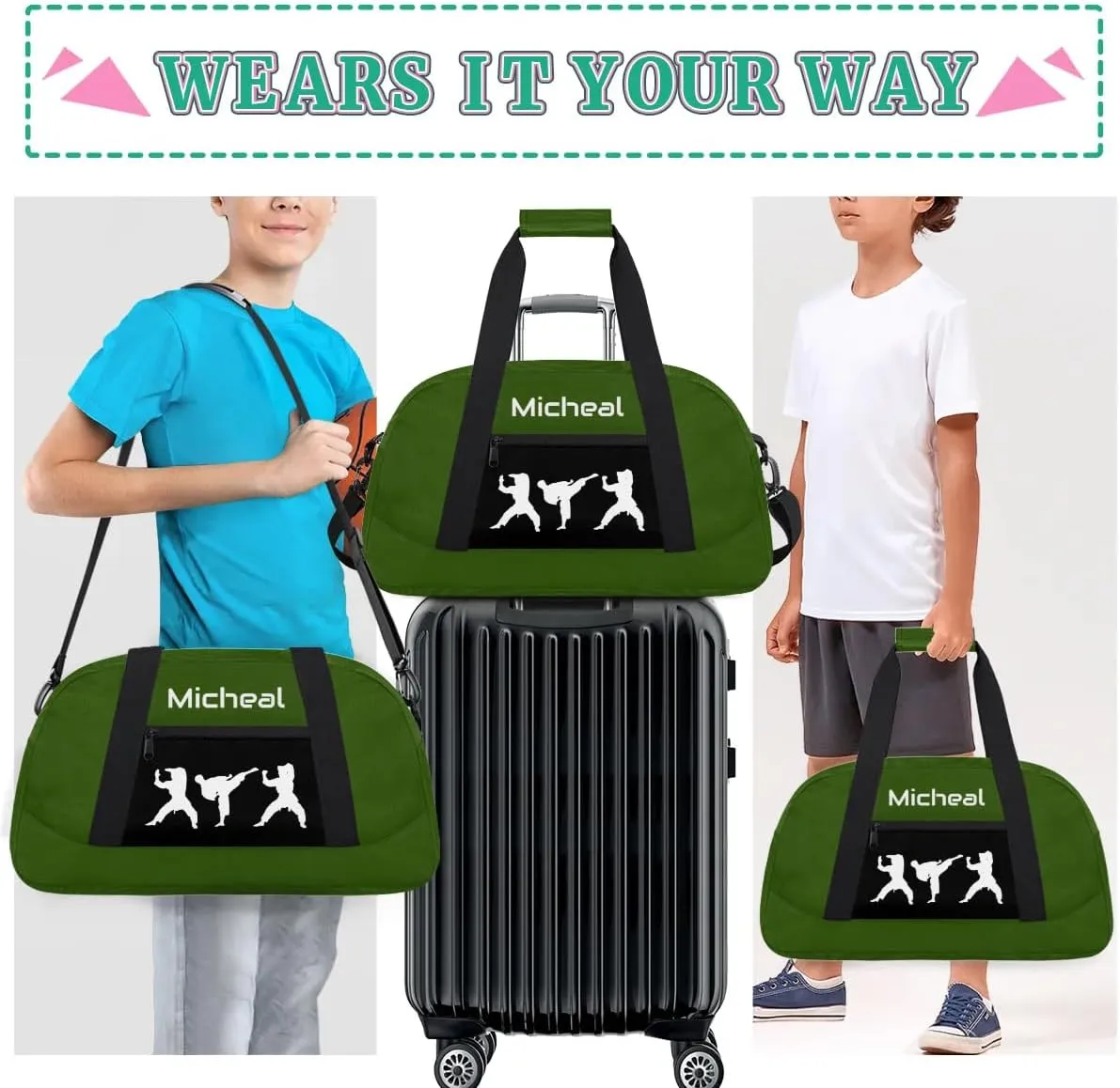 Personalized Martial Art Bag Duffel Bag for Boys Girls, Custom Taekwondo Karate Bag for Travel Weekender Practice Green