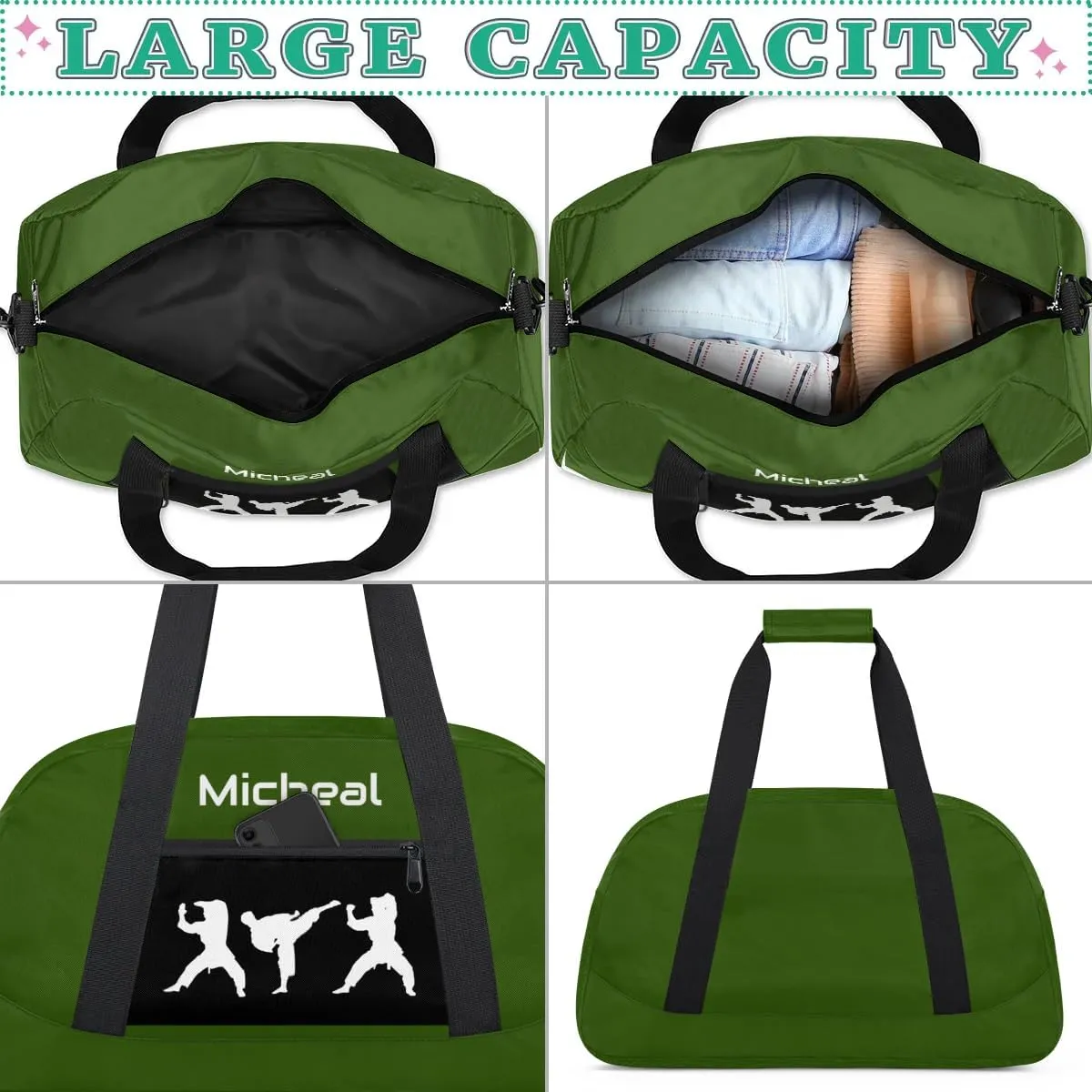 Personalized Martial Art Bag Duffel Bag for Boys Girls, Custom Taekwondo Karate Bag for Travel Weekender Practice Green