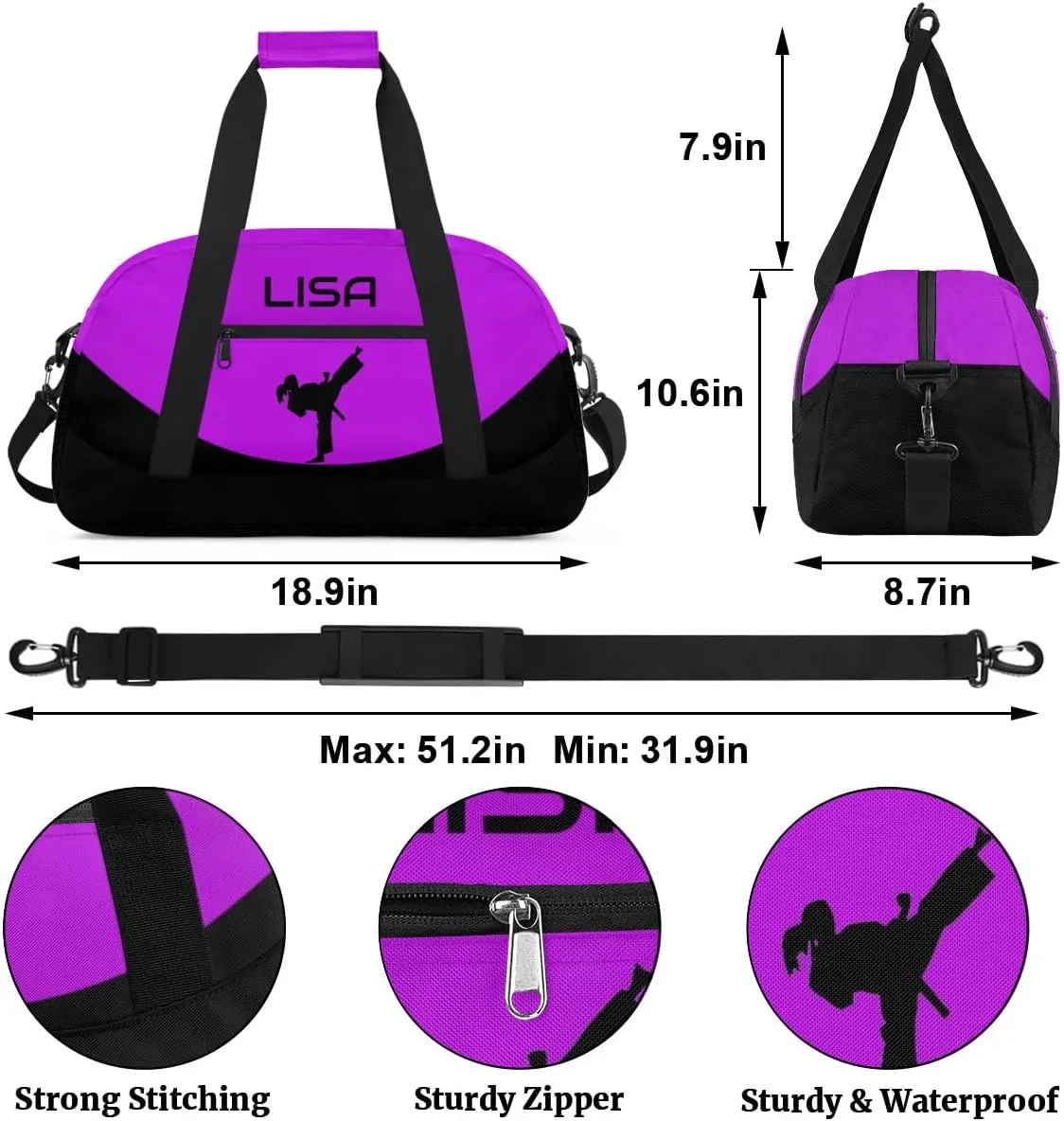 Personalized Martial Art Bag Duffel Bag for Boys Girls, Custom Taekwondo Karate Bag for Travel Weekender Practice Purple Girl