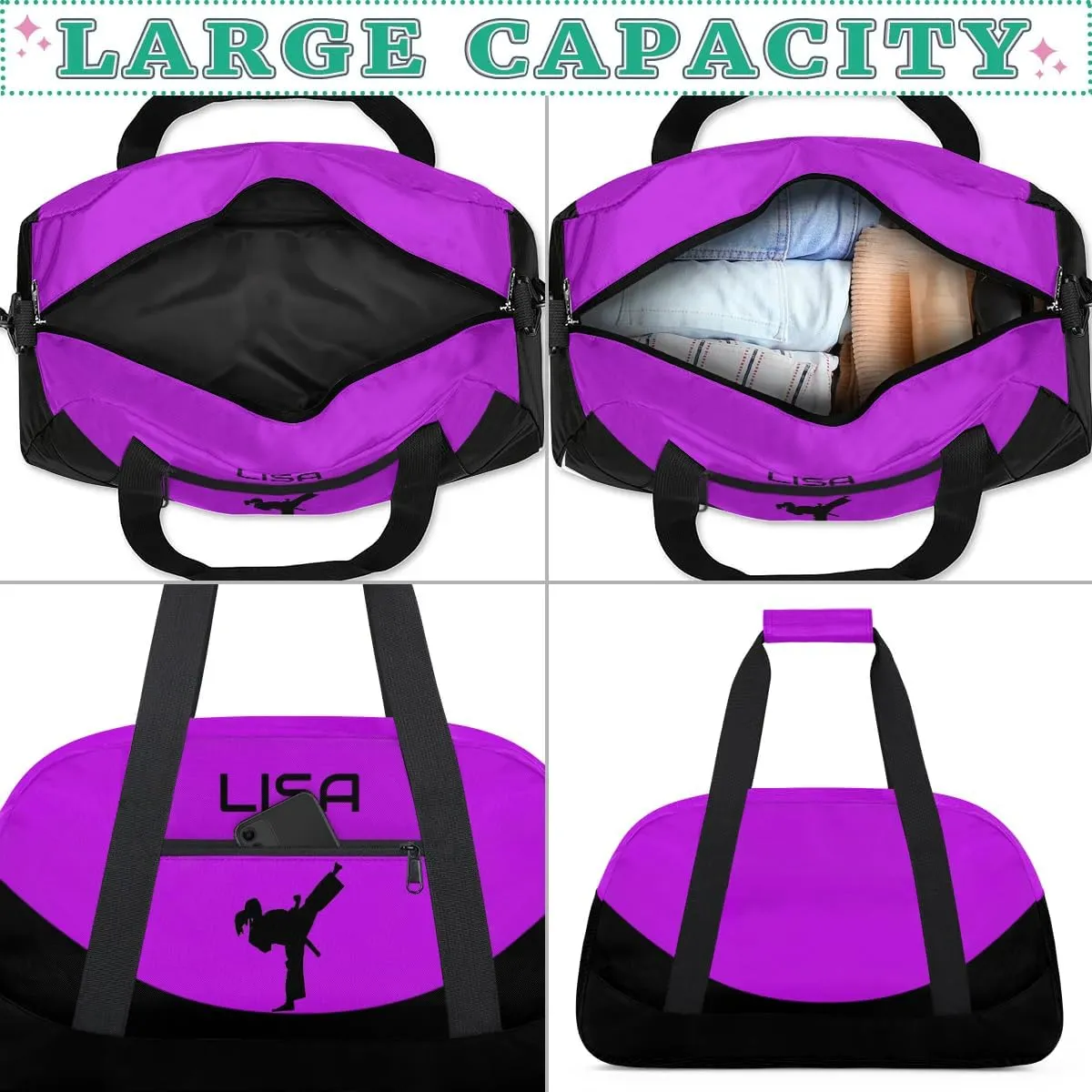 Personalized Martial Art Bag Duffel Bag for Boys Girls, Custom Taekwondo Karate Bag for Travel Weekender Practice Purple Girl