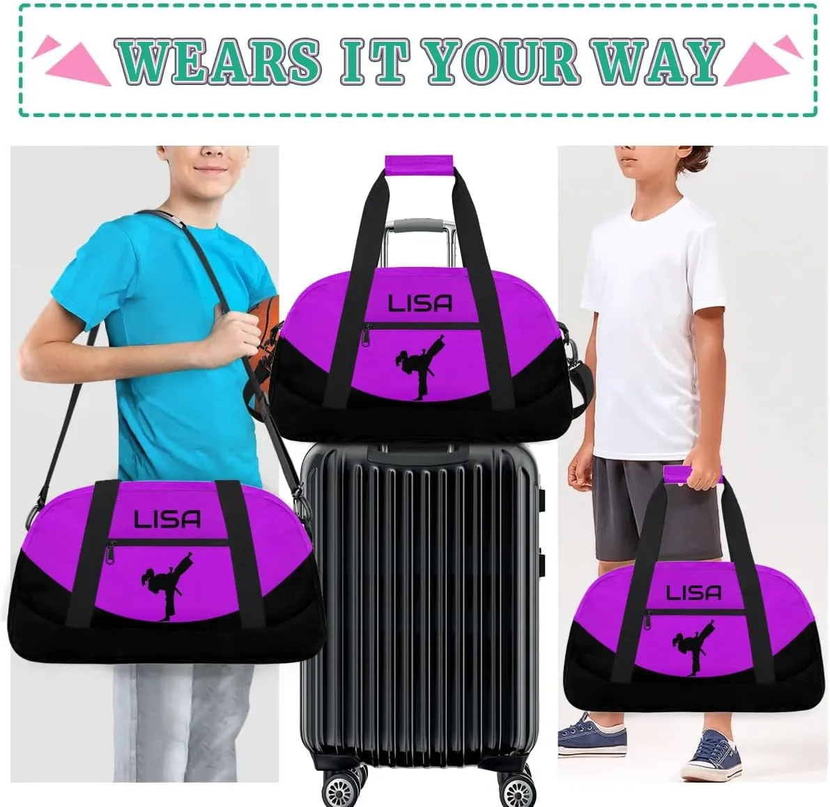 Personalized Martial Art Bag Duffel Bag for Boys Girls, Custom Taekwondo Karate Bag for Travel Weekender Practice Purple Girl