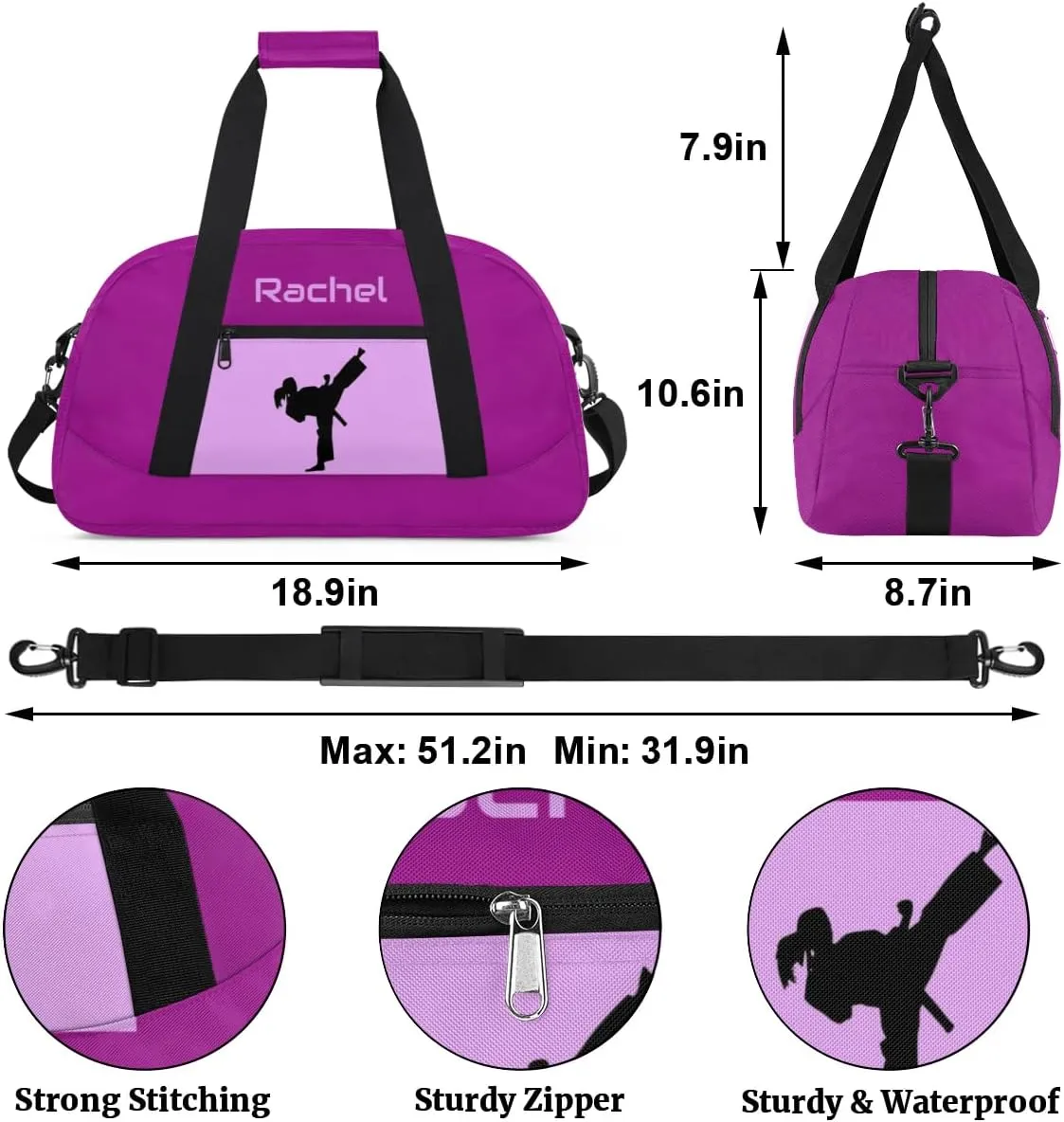 Personalized Martial Art Bag Duffel Bag for Boys Girls, Custom Taekwondo Karate Bag for Travel Weekender Practice Purple