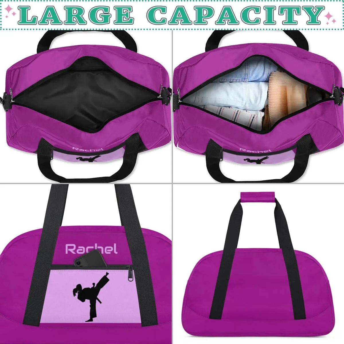 Personalized Martial Art Bag Duffel Bag for Boys Girls, Custom Taekwondo Karate Bag for Travel Weekender Practice Purple