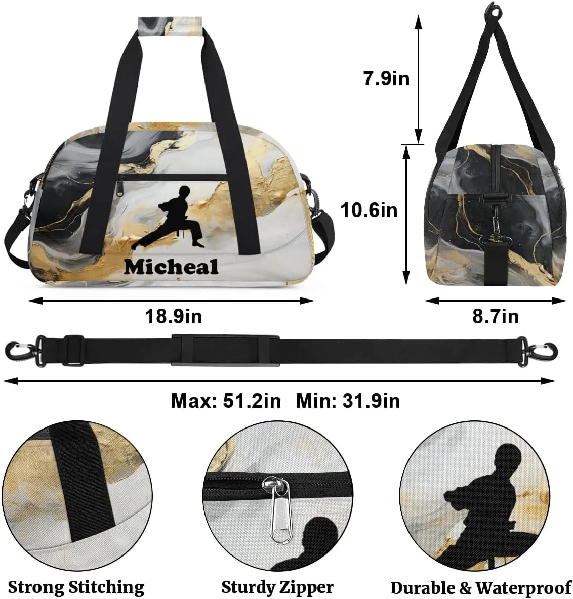 Personalized Martial Art Bag Duffel Bag for Girls, Custom Taekwondo Karate Bag Overnight Bags for Travel Weekender Practice Squat