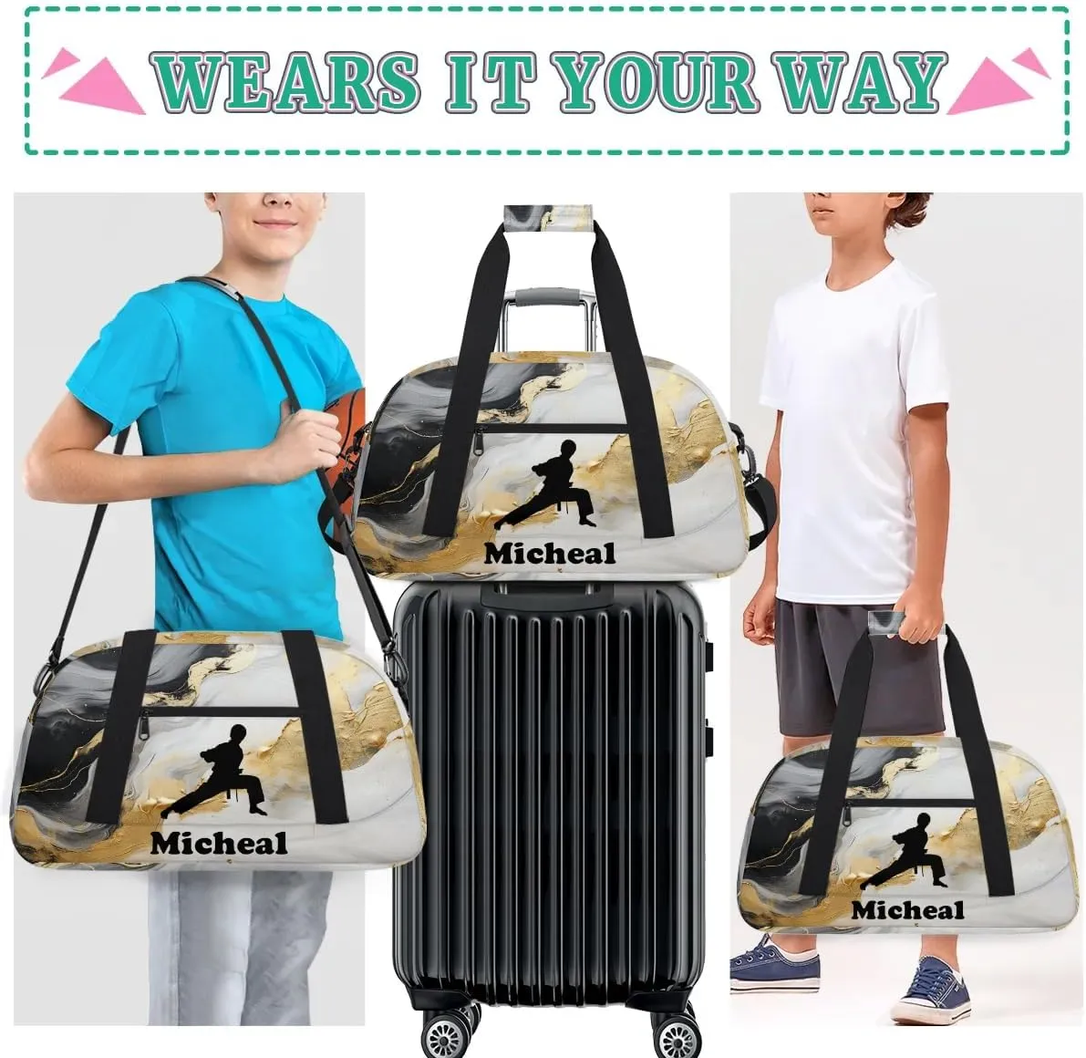 Personalized Martial Art Bag Duffel Bag for Girls, Custom Taekwondo Karate Bag Overnight Bags for Travel Weekender Practice Squat