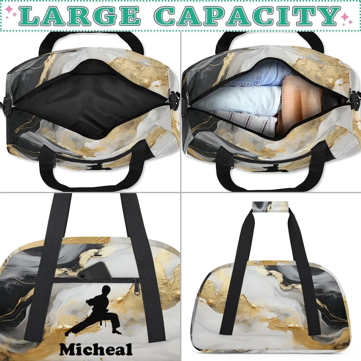 Personalized Martial Art Bag Duffel Bag for Girls, Custom Taekwondo Karate Bag Overnight Bags for Travel Weekender Practice Squat