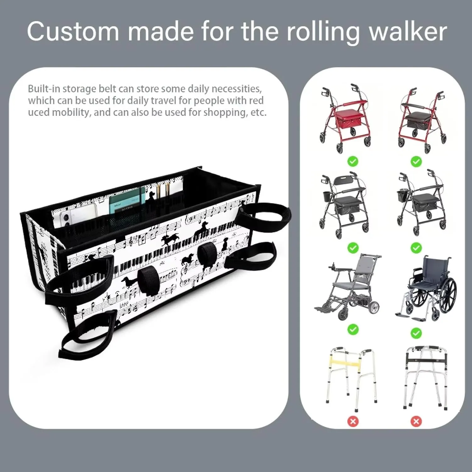 Piano Music Note Rollator Bag Folding Bag Tote Organizer Pouch Storage to Walkers for Senoirs Walker Accessories for Elderly Senior
