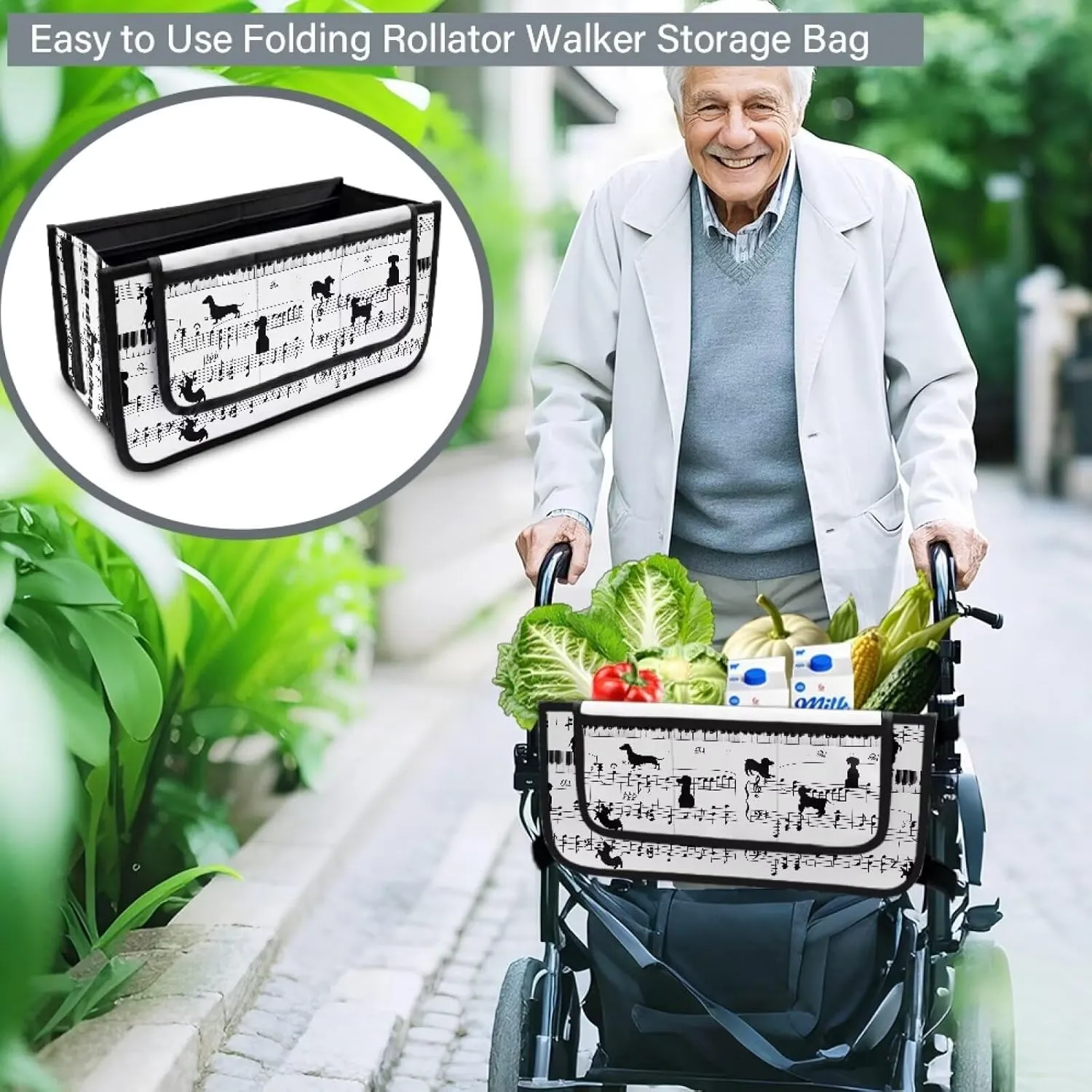 Piano Music Note Rollator Bag Folding Bag Tote Organizer Pouch Storage to Walkers for Senoirs Walker Accessories for Elderly Senior