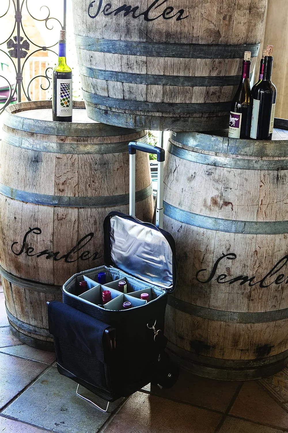 PICNIC TIME Cellar 6-Bottle Wine Carrier & Cooler Tote, Insulated Padded Cooler Bag for Travel, Portable Water-Resistant Bag, Black with Gray Accents