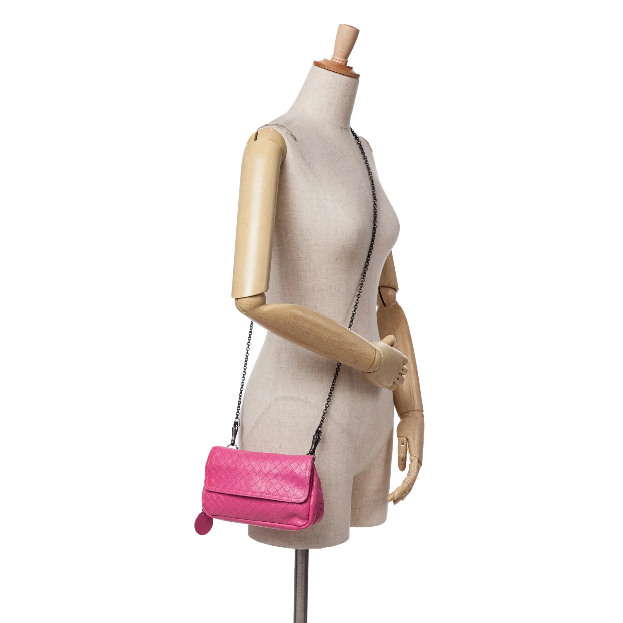 Pink Bottega Veneta Small Calfskin Intrecciomirage Embossed Butterfly Chain Crossbody