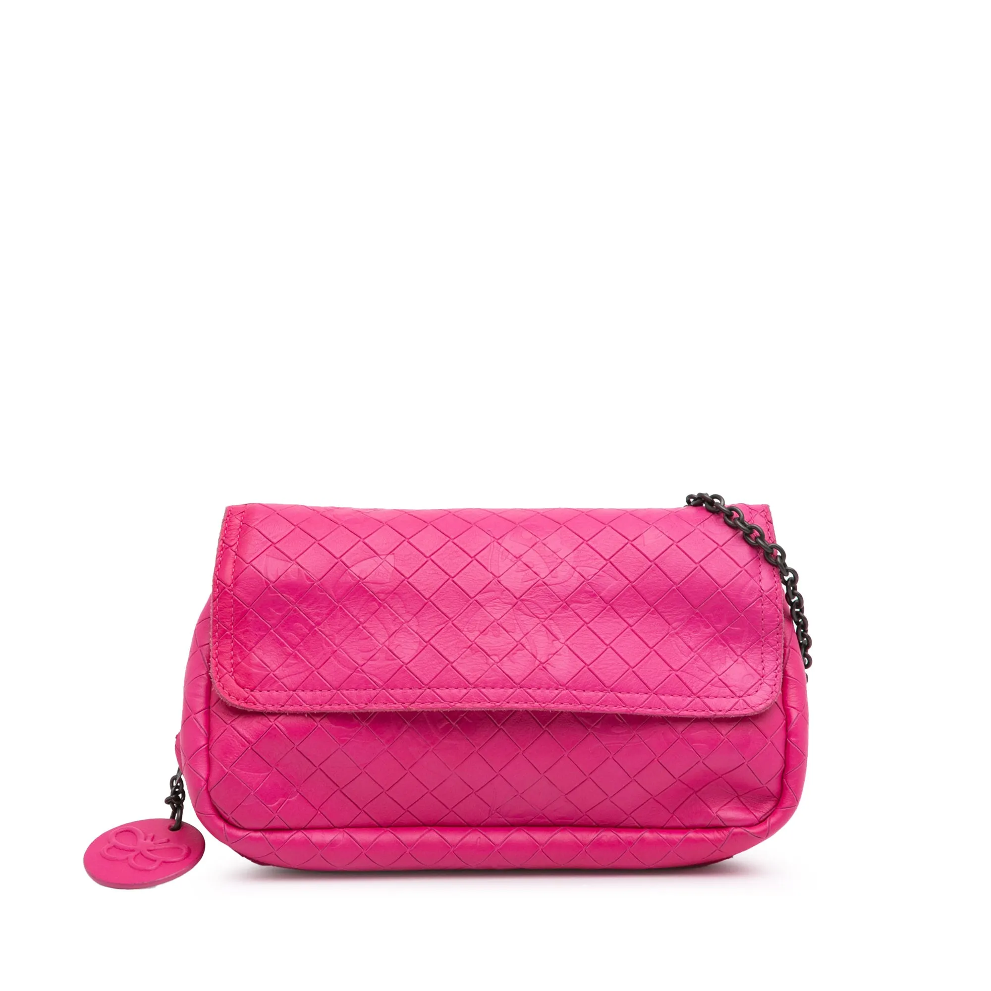 Pink Bottega Veneta Small Calfskin Intrecciomirage Embossed Butterfly Chain Crossbody