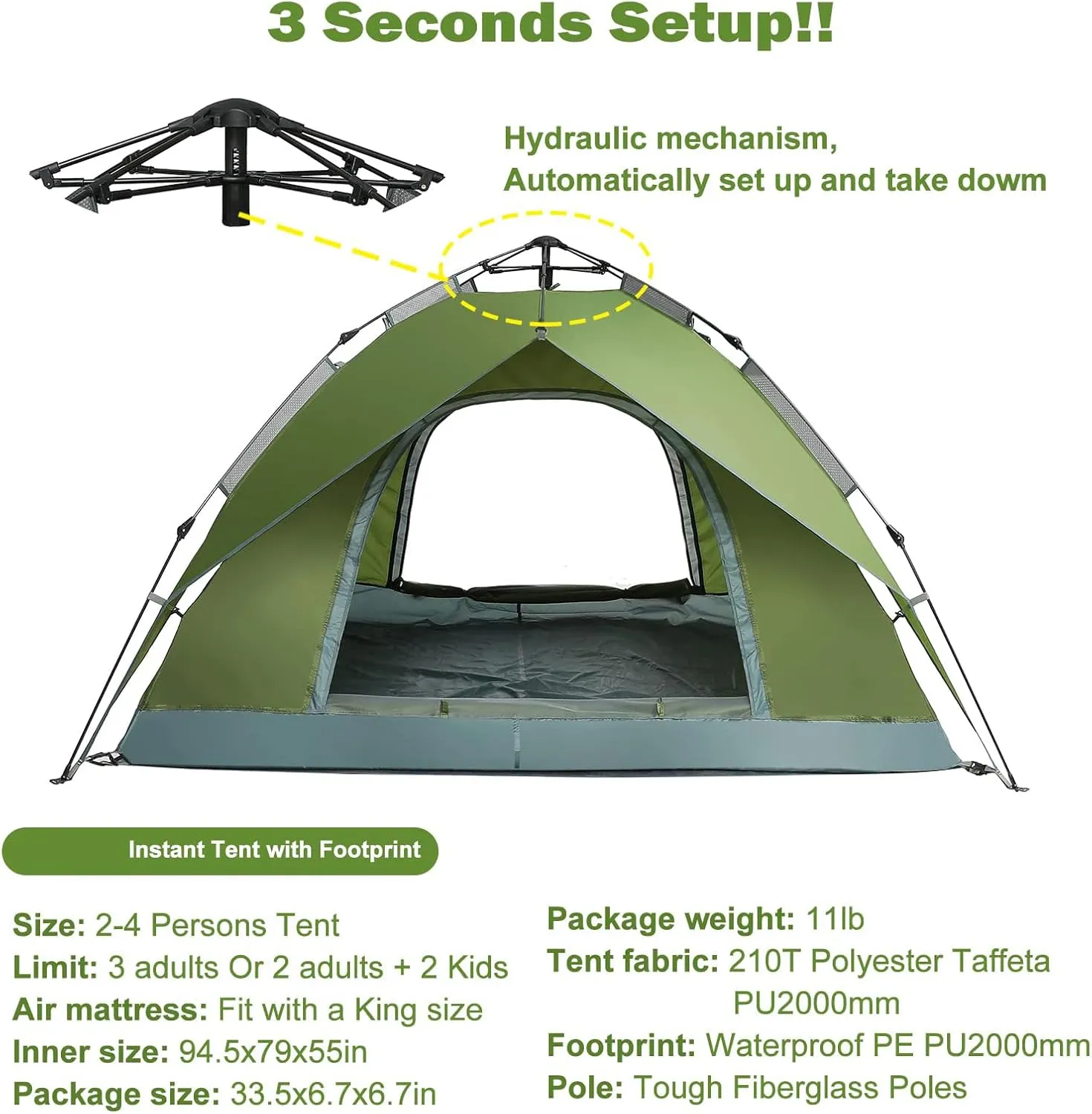 Portable Generic Pop Up Tent,3-4 Persons Camping Tent Waterproof Instant Automatic Easy Set Up Dome Tent for Holiday Hiking (Orange)