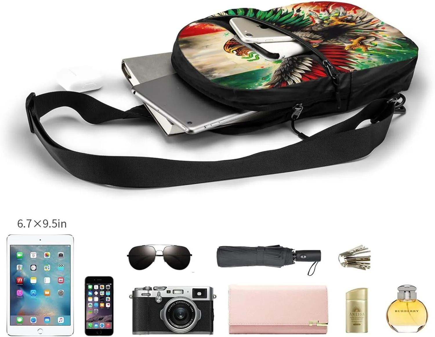 Powerful Mexican Art Eagle Flag Crossbody Bag Portable Sling Bags Foldable Chest Daypack Reusable Sports Shoulder Backpack Diagonally Casual Rucksack Travel Bag