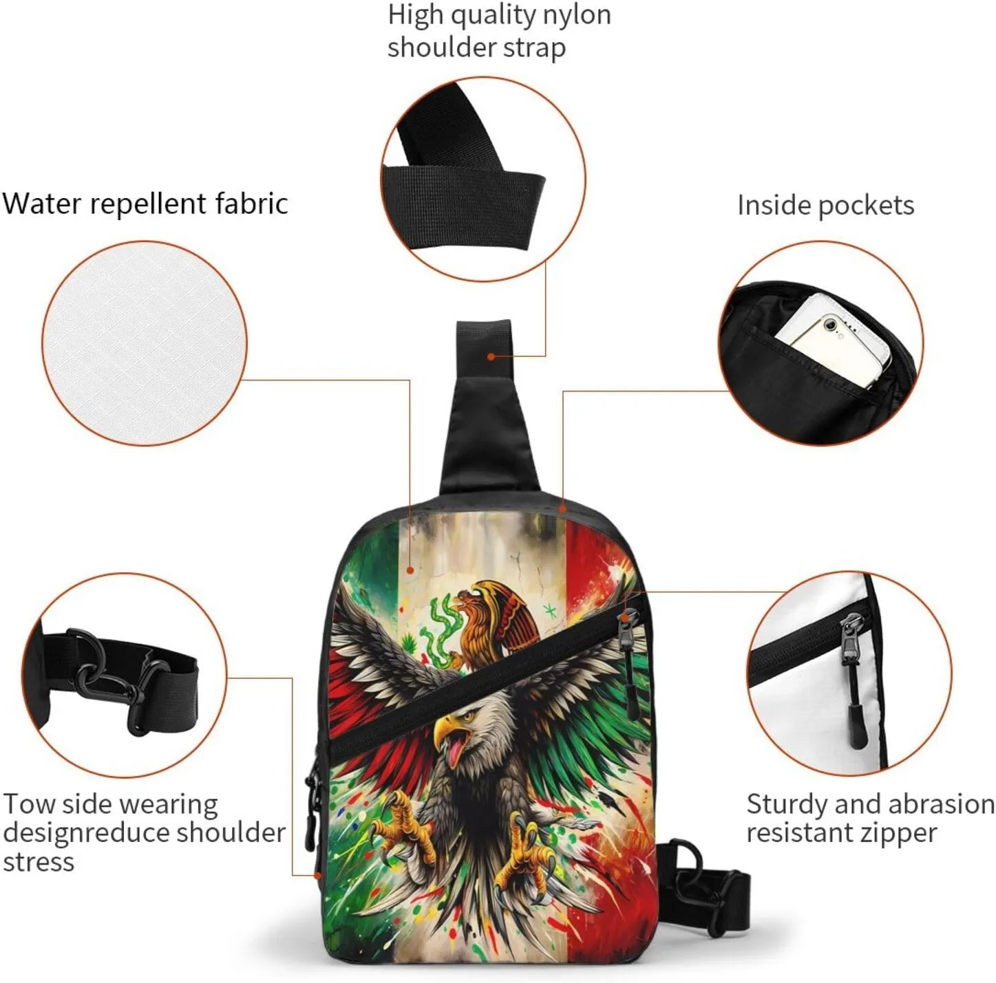 Powerful Mexican Art Eagle Flag Crossbody Bag Portable Sling Bags Foldable Chest Daypack Reusable Sports Shoulder Backpack Diagonally Casual Rucksack Travel Bag