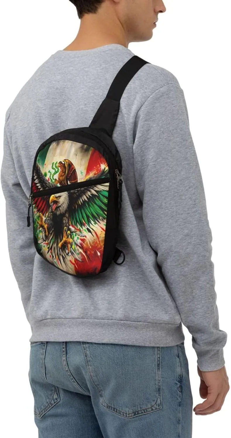 Powerful Mexican Art Eagle Flag Crossbody Bag Portable Sling Bags Foldable Chest Daypack Reusable Sports Shoulder Backpack Diagonally Casual Rucksack Travel Bag