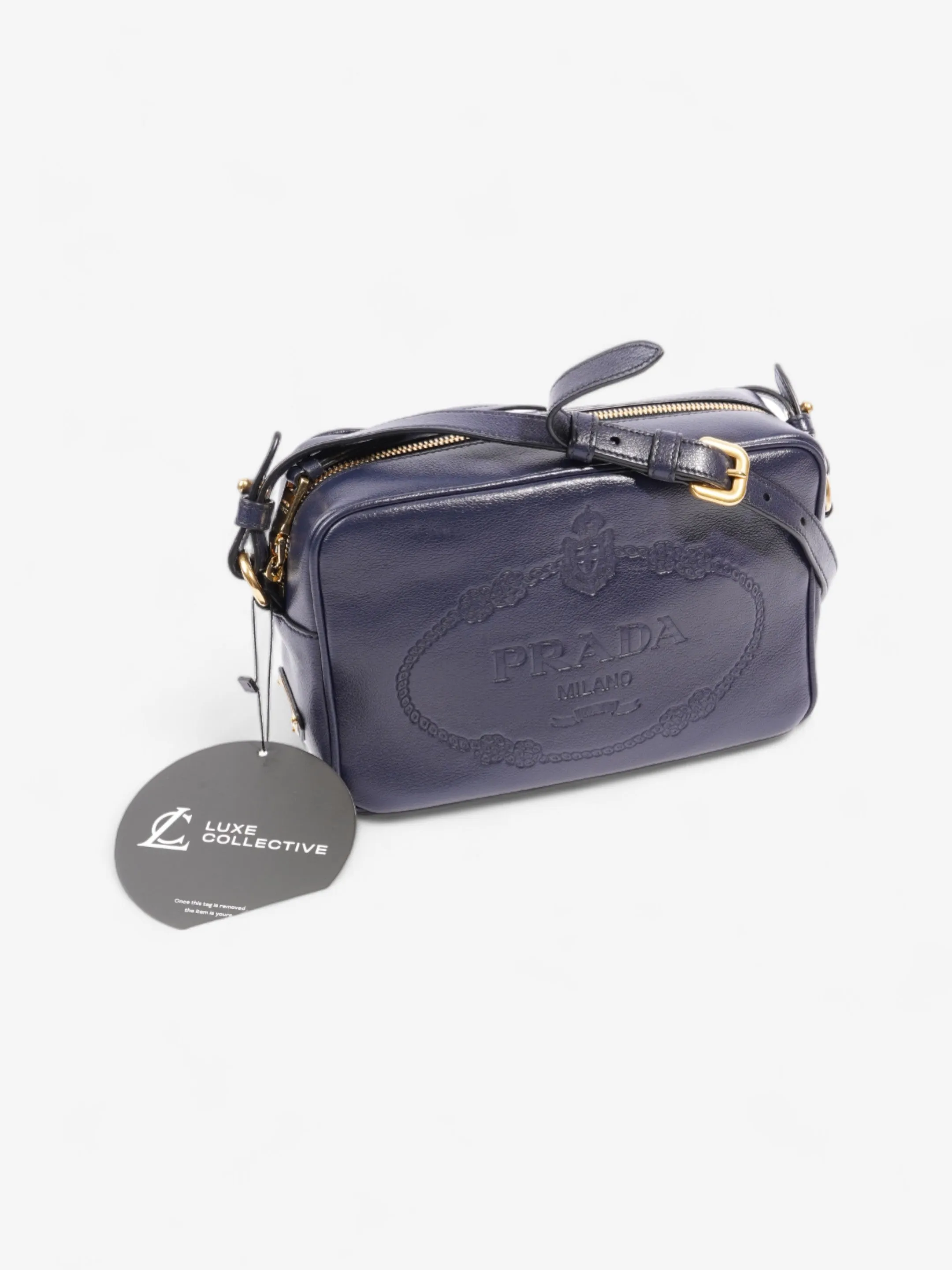 Prada Logo Embossed Navy Leather