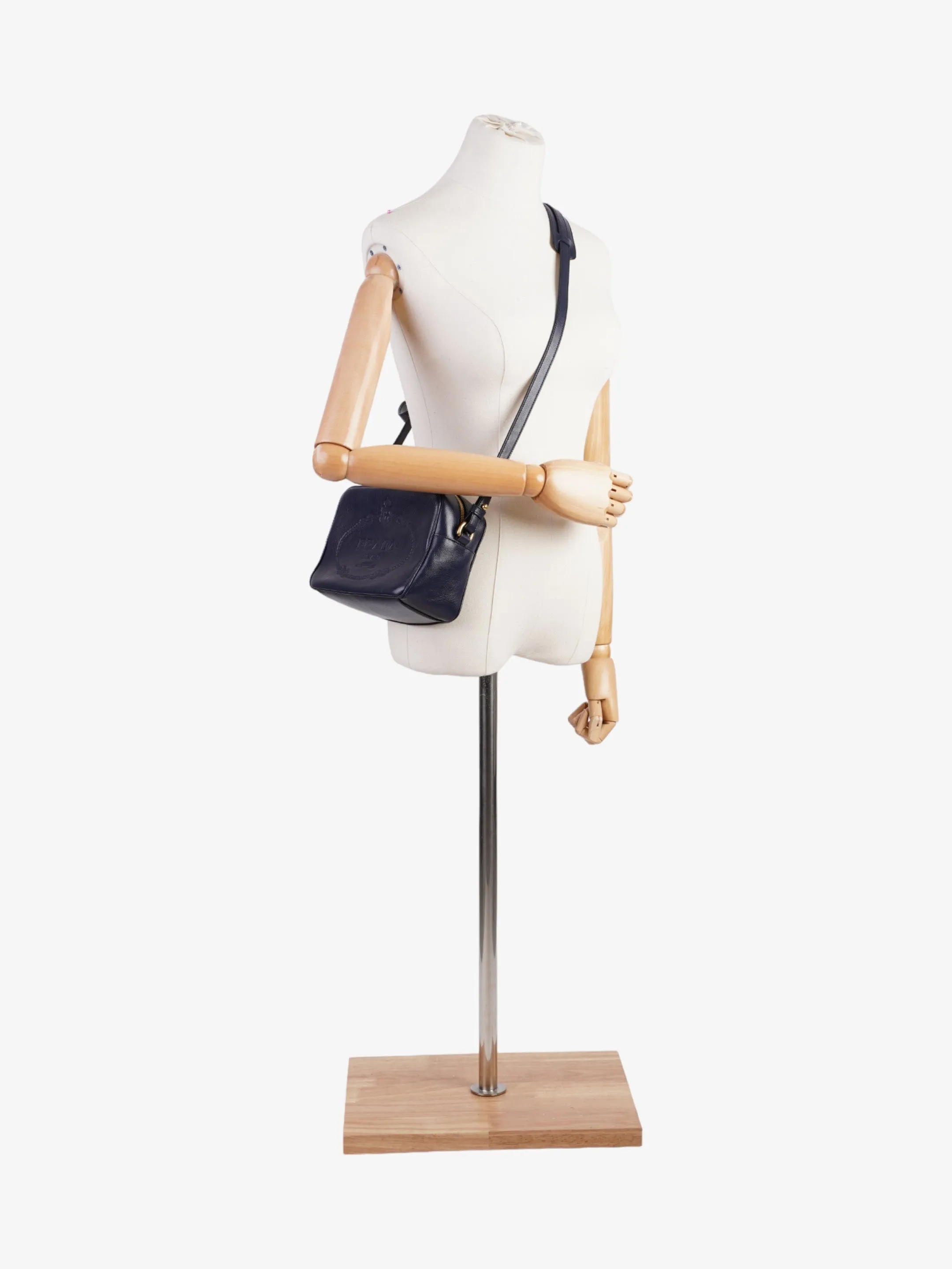 Prada Logo Embossed Navy Leather
