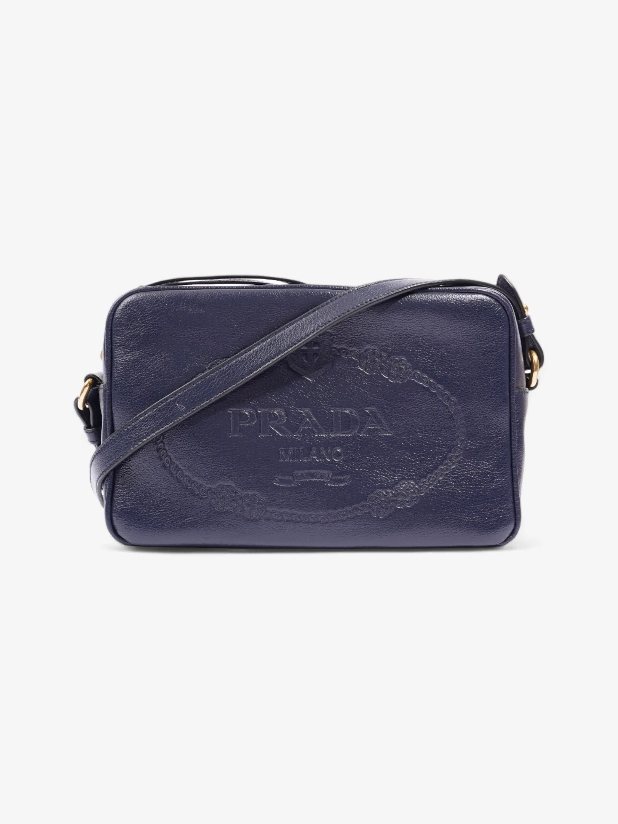 Prada Logo Embossed Navy Leather