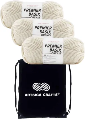 Premier Basix Chunky Knitting Yarn Antique White 1145-04 (3-Pack) Same Dye Lot Chunky Bulky #5 Soft 100% Acrylic with Project Bag