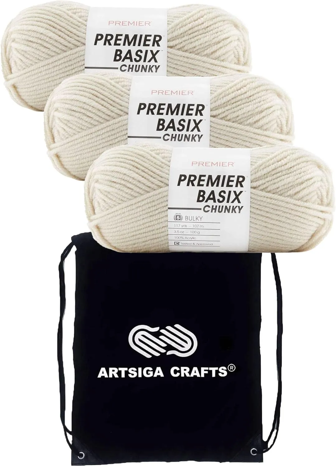 Premier Basix Chunky Knitting Yarn Antique White 1145-04 (3-Pack) Same Dye Lot Chunky Bulky #5 Soft 100% Acrylic with Project Bag