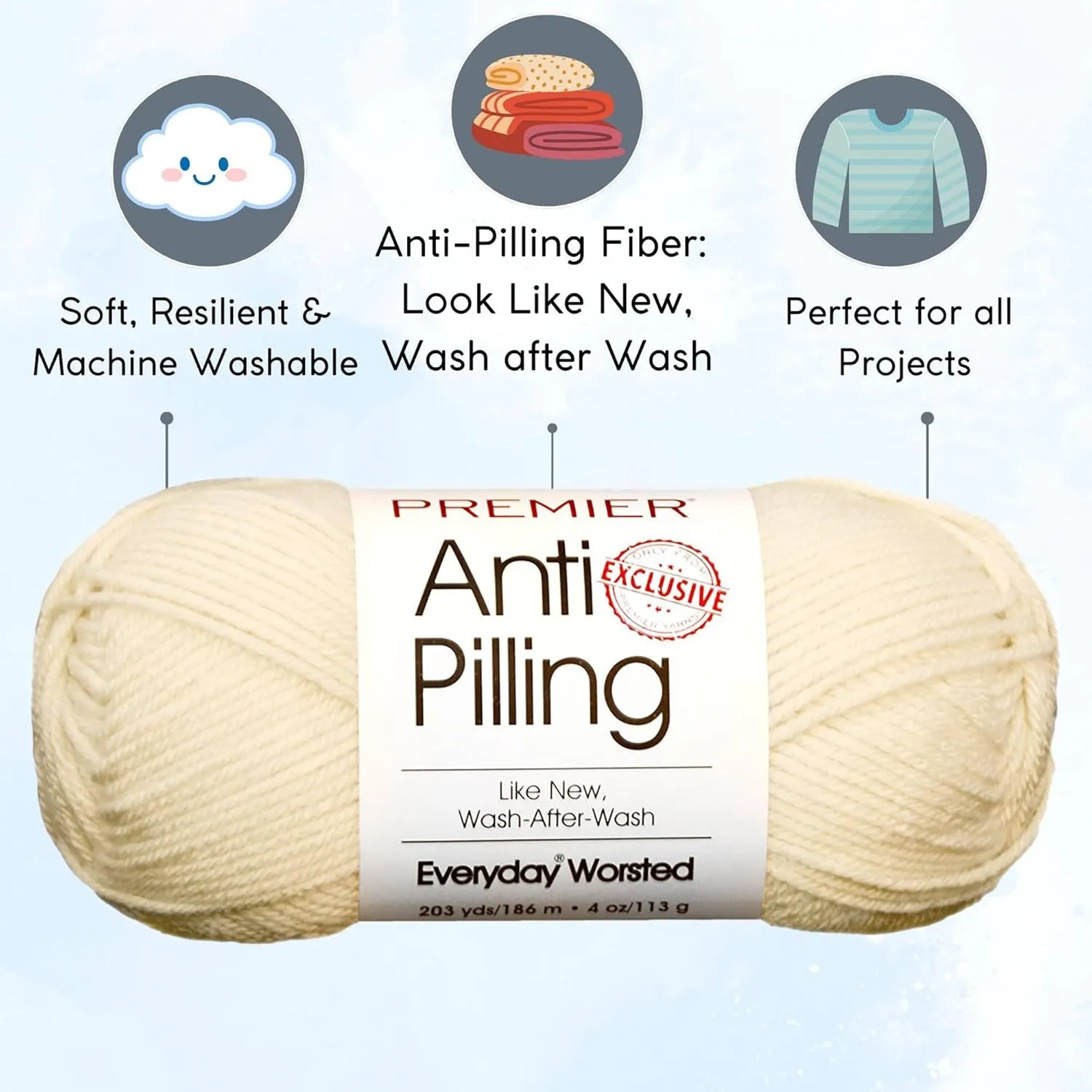 Premier Yarns Everyday Anti-Pilling Solid Cream DN100-2 (3-Skeins - Same Dye Lot) #4 Worsted Weight Acrylic Yarn for Crocheting and Knitting with Project Bag