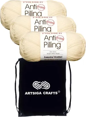 Premier Yarns Everyday Anti-Pilling Solid Cream DN100-2 (3-Skeins - Same Dye Lot) #4 Worsted Weight Acrylic Yarn for Crocheting and Knitting with Project Bag
