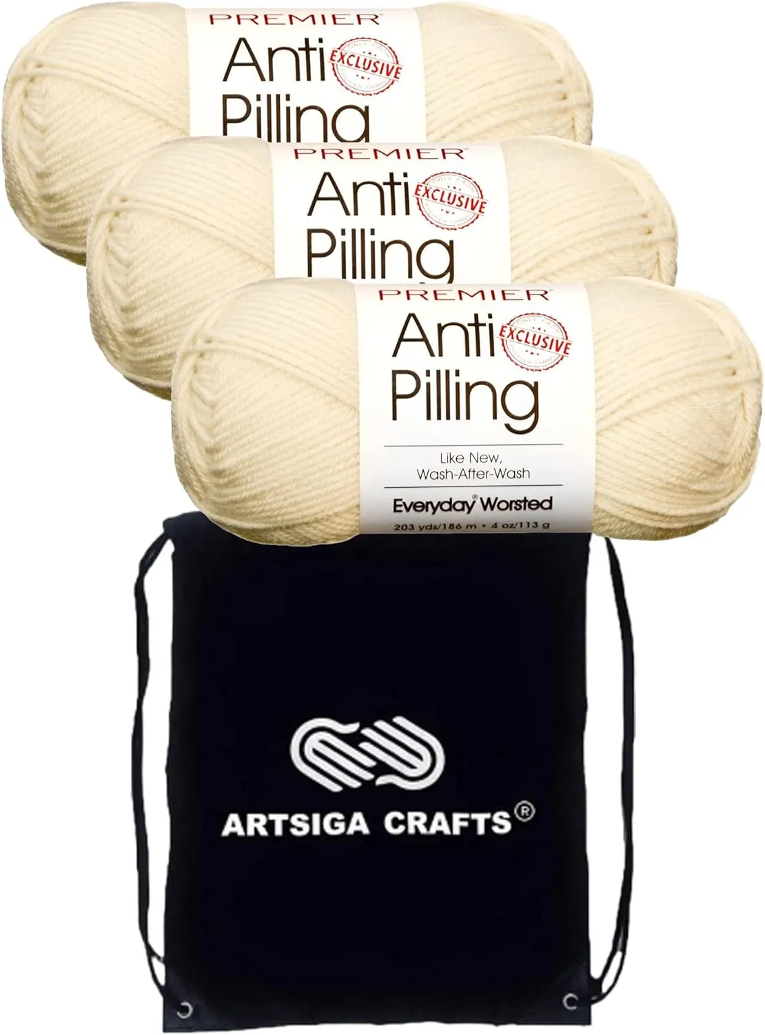Premier Yarns Everyday Anti-Pilling Solid Cream DN100-2 (3-Skeins - Same Dye Lot) #4 Worsted Weight Acrylic Yarn for Crocheting and Knitting with Project Bag