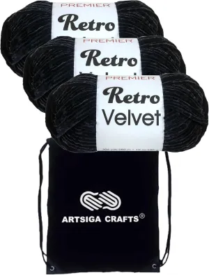 Premier Yarns Retro Velvet Black 1088-05 (3-Skeins - Same Dye Lot) Chunky Bulky #5 Polyester Yarn for Crocheting and Knitting with Project Bag