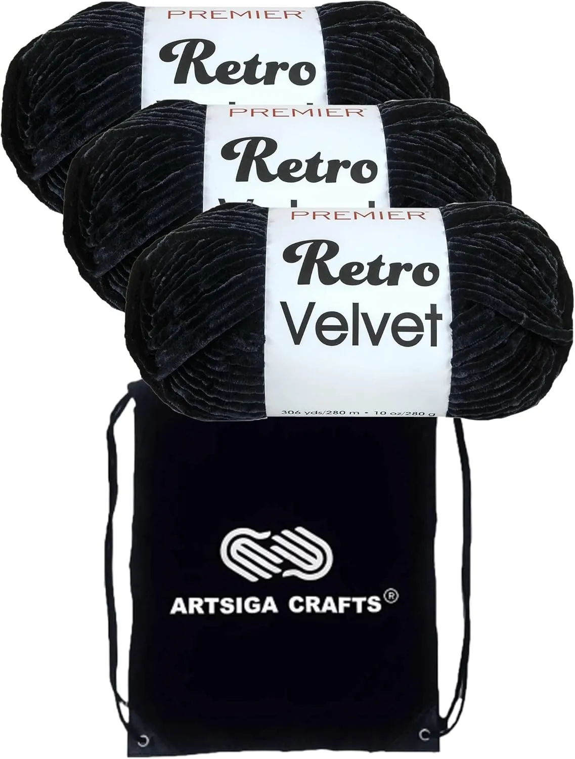 Premier Yarns Retro Velvet Black 1088-05 (3-Skeins - Same Dye Lot) Chunky Bulky #5 Polyester Yarn for Crocheting and Knitting with Project Bag