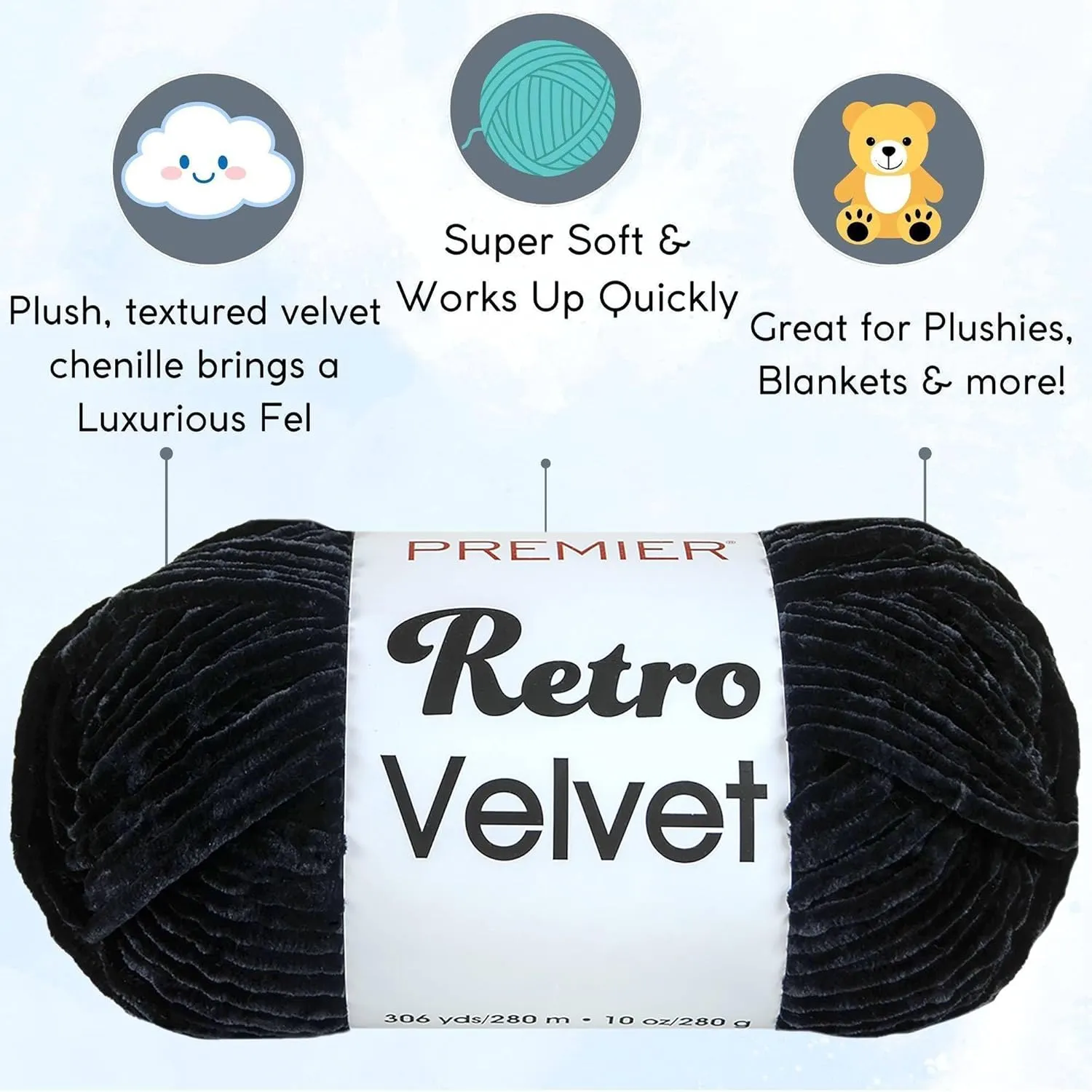 Premier Yarns Retro Velvet Black 1088-05 (3-Skeins - Same Dye Lot) Chunky Bulky #5 Polyester Yarn for Crocheting and Knitting with Project Bag