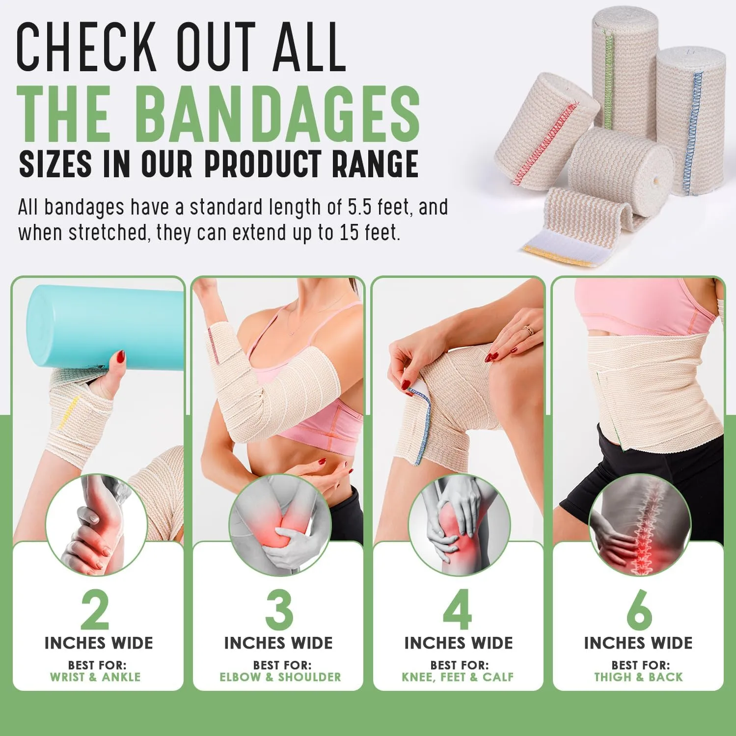 Premium Elastic Bandage Wrap (6" 12 Pack) - Hook & Loop Fasteners at Both Ends - Latex Free Hypoallergenic Compression Roll - Reusable Bandages for Waist, Legs, Elbow & Knee Wrap