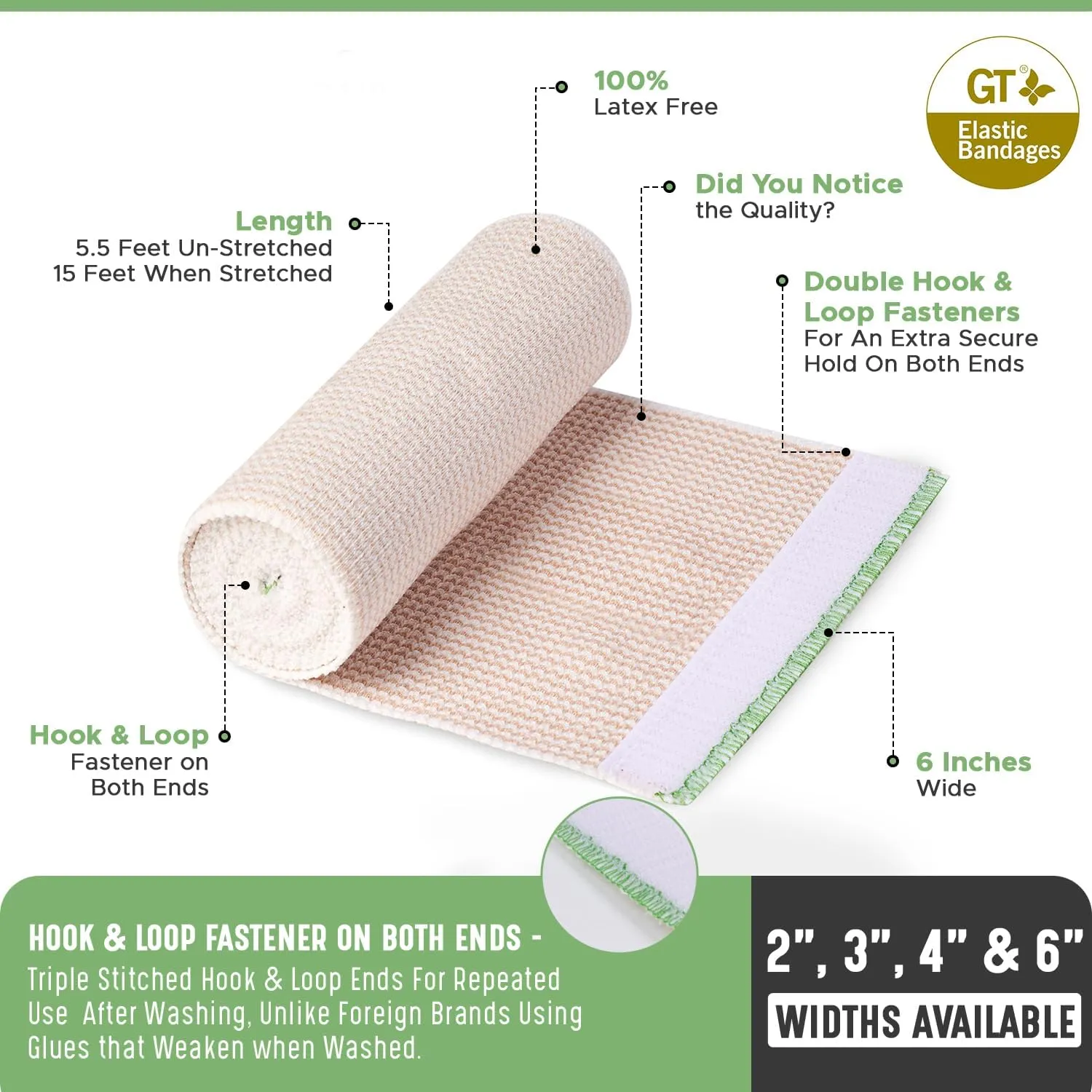 Premium Elastic Bandage Wrap (6" 12 Pack) - Hook & Loop Fasteners at Both Ends - Latex Free Hypoallergenic Compression Roll - Reusable Bandages for Waist, Legs, Elbow & Knee Wrap