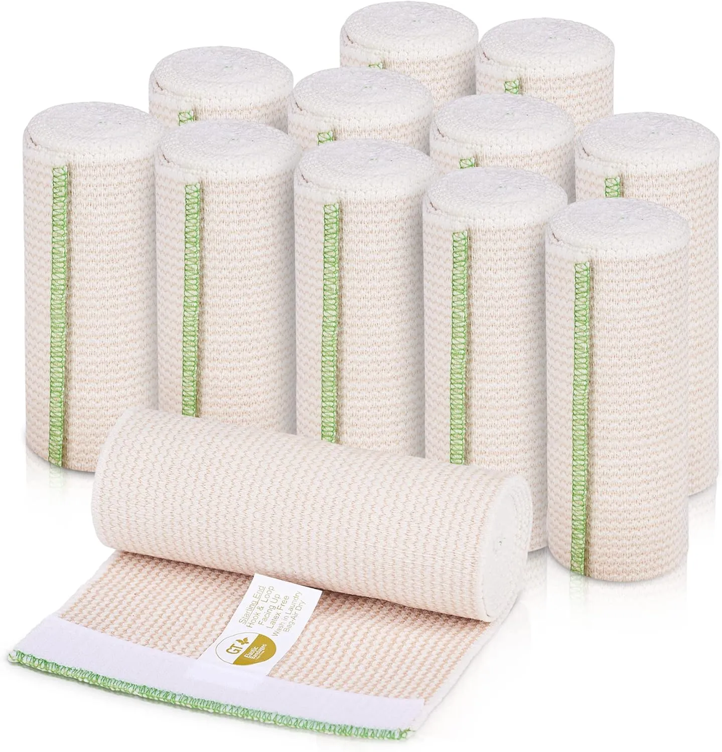 Premium Elastic Bandage Wrap (6" 12 Pack) - Hook & Loop Fasteners at Both Ends - Latex Free Hypoallergenic Compression Roll - Reusable Bandages for Waist, Legs, Elbow & Knee Wrap