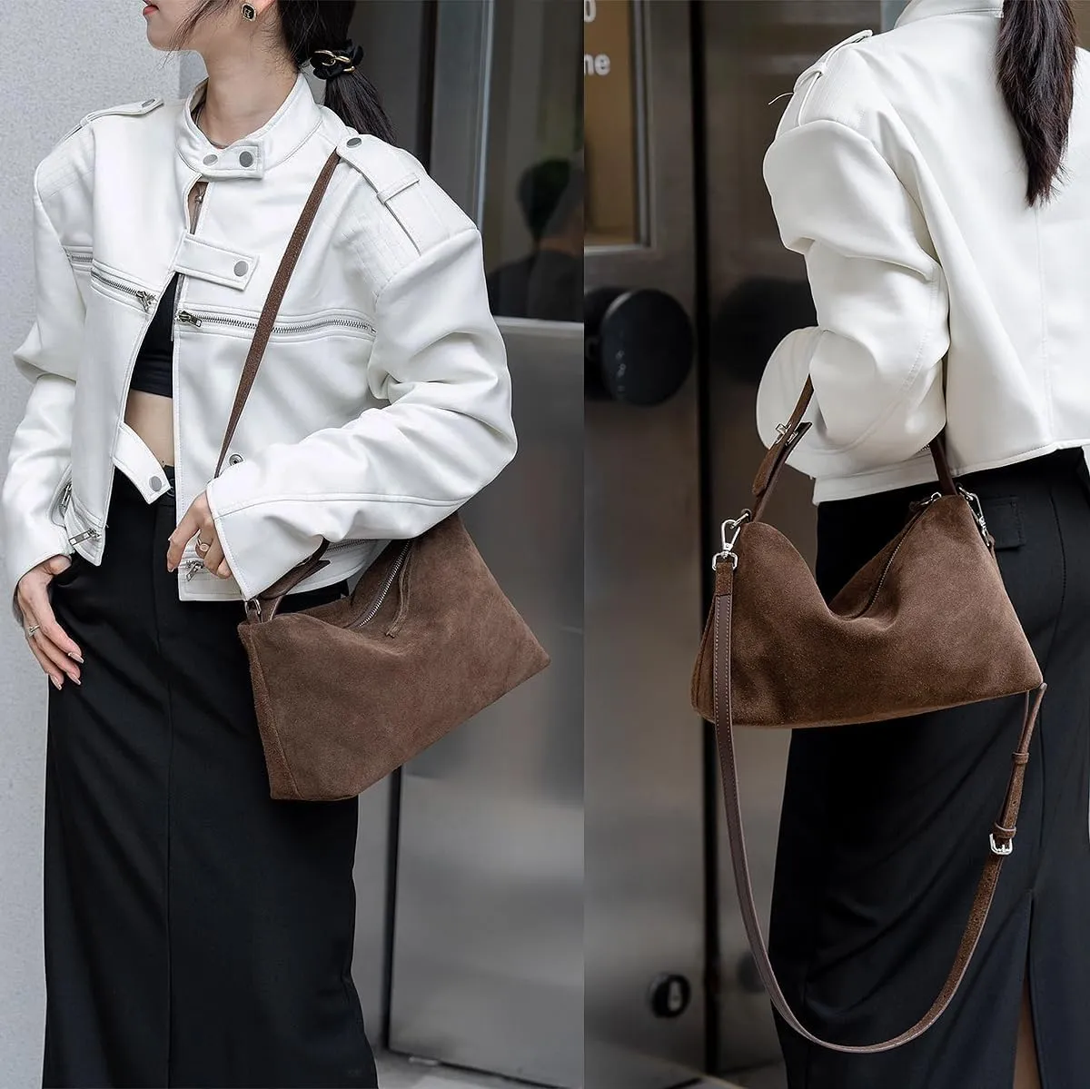 Premium Suede Leather Crossbody Bags for Women, Slouchy Suede Shoulder Bag with Adjustable Strap and Tote Handbag