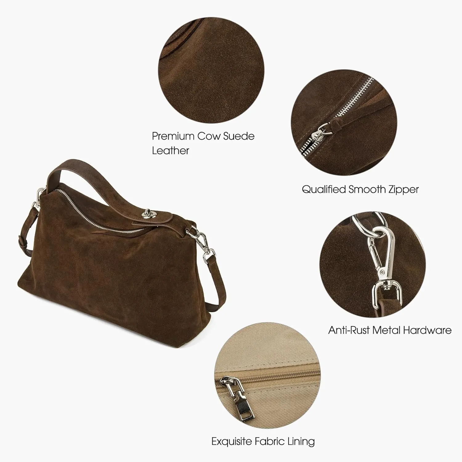 Premium Suede Leather Crossbody Bags for Women, Slouchy Suede Shoulder Bag with Adjustable Strap and Tote Handbag