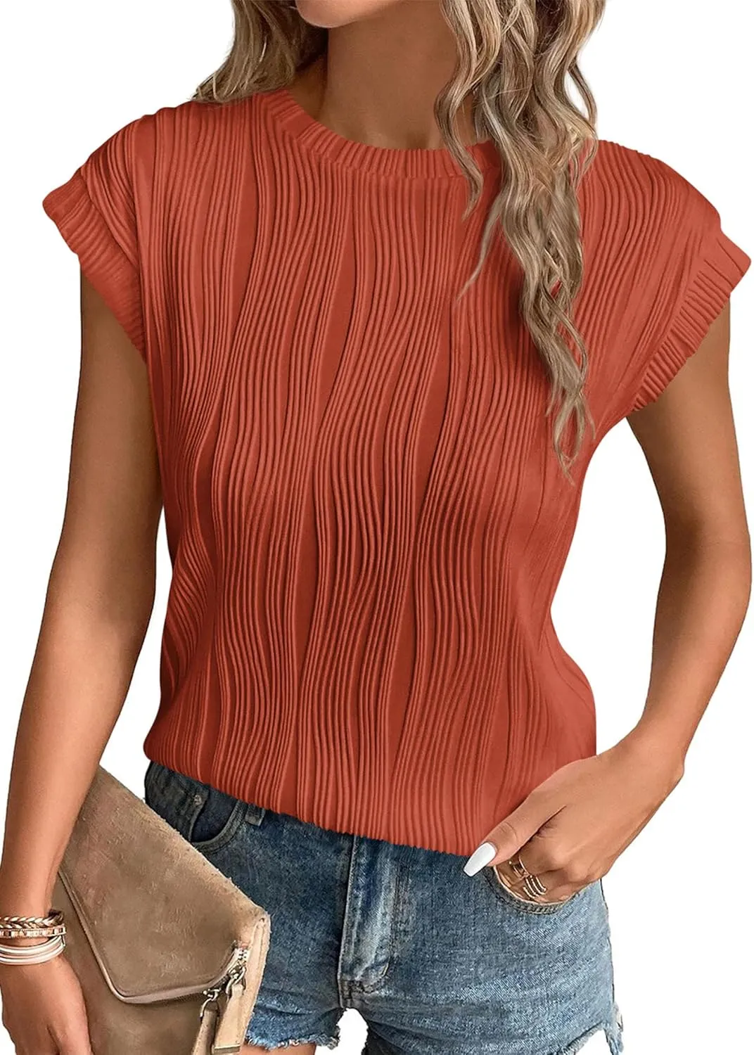 PRETTYGARDEN Blouses for Women Dressy Casual 2025 Spring Summer Business Office Tops Cap Sleeve Textured Cute Work Shirt