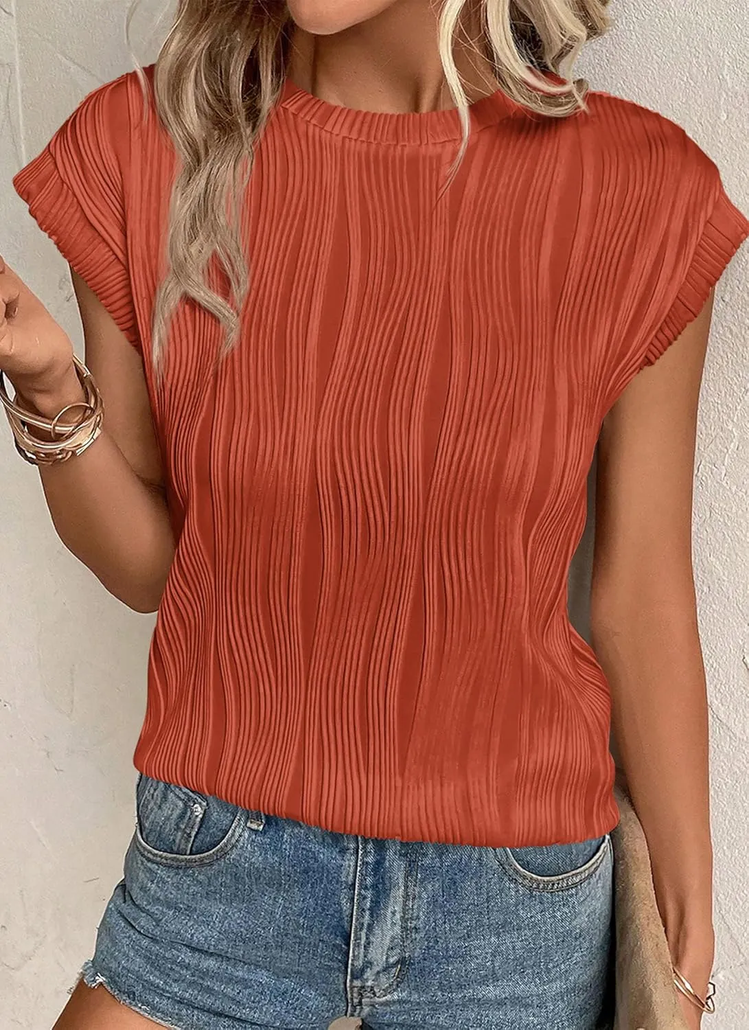 PRETTYGARDEN Blouses for Women Dressy Casual 2025 Spring Summer Business Office Tops Cap Sleeve Textured Cute Work Shirt