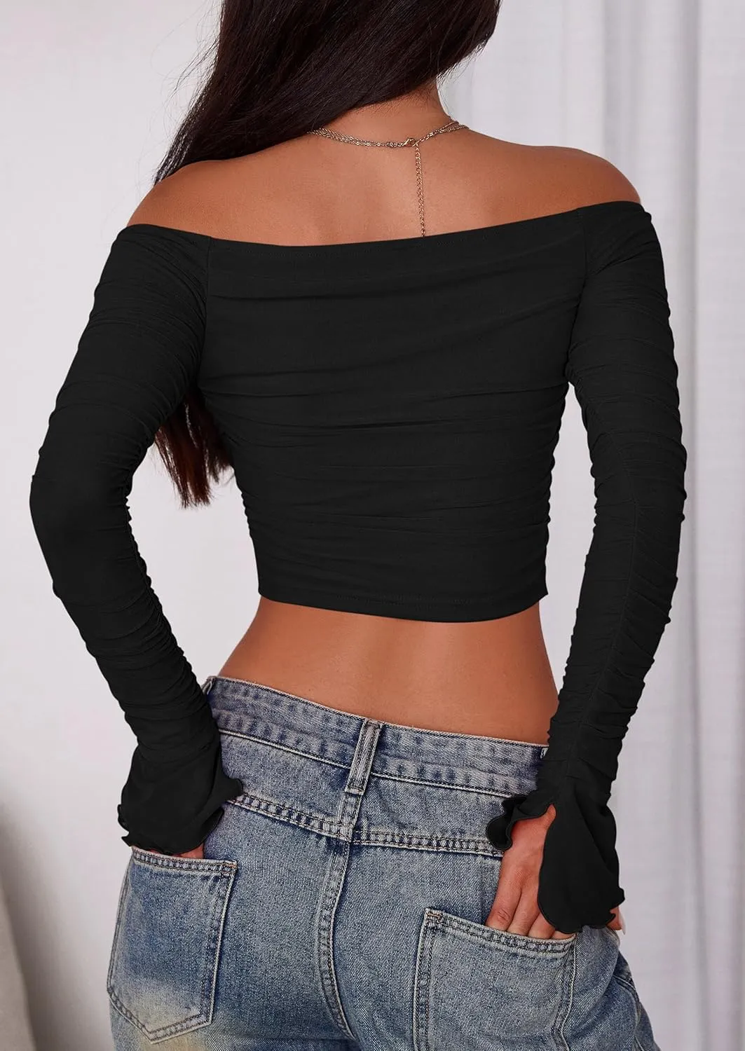 PRETTYGARDEN Womens Long Sleeve T Shirts Casual Off Shoulder Ruched Mesh Slim Fit Crop Tops Going Out Summer Blouses