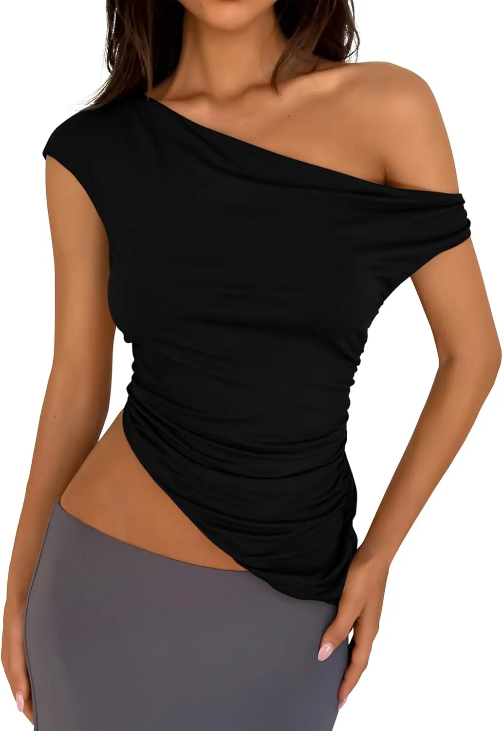 PRETTYGARDEN Womens Off The Shoulder Tops 2025 Summer Sleeveless One Shoulder Ruched Asymmetrical Y2K Going Out Crop Tank Top