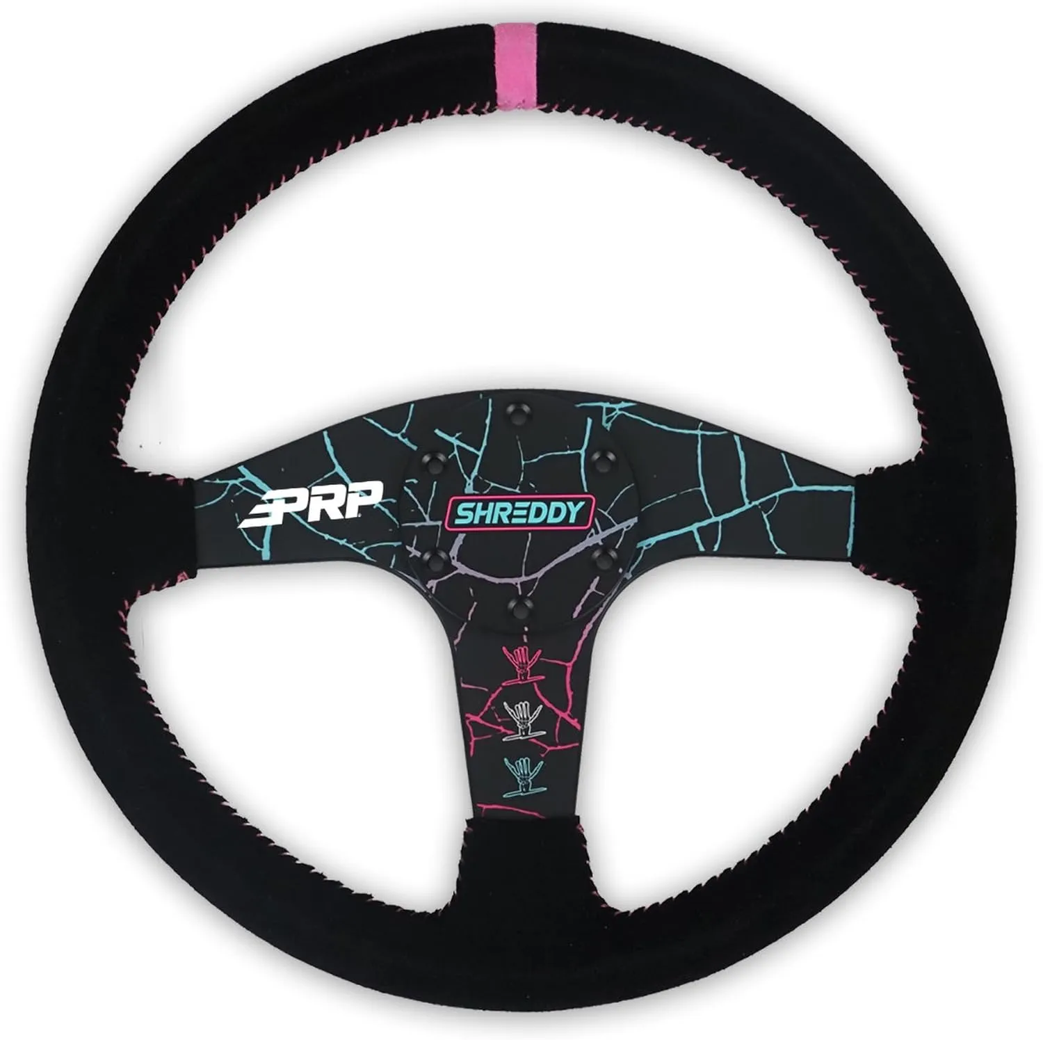 PRP Seats Shreddy Flat Suede Grip Steering Wheel for Off-Road Racing – Features High-Strength Aluminum, Moisture-Resistant Suede, 6 Point Bolt Pattern, 13” Dia x 1.5” Dish (Cracked and Pink)