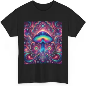 Psychedelic Cosmic Mushroom Tee - Unisex Heavy Cotton Shirt, Boho Style, Festival Wear, Unique Graphic T-Shirt, Eclectic Black