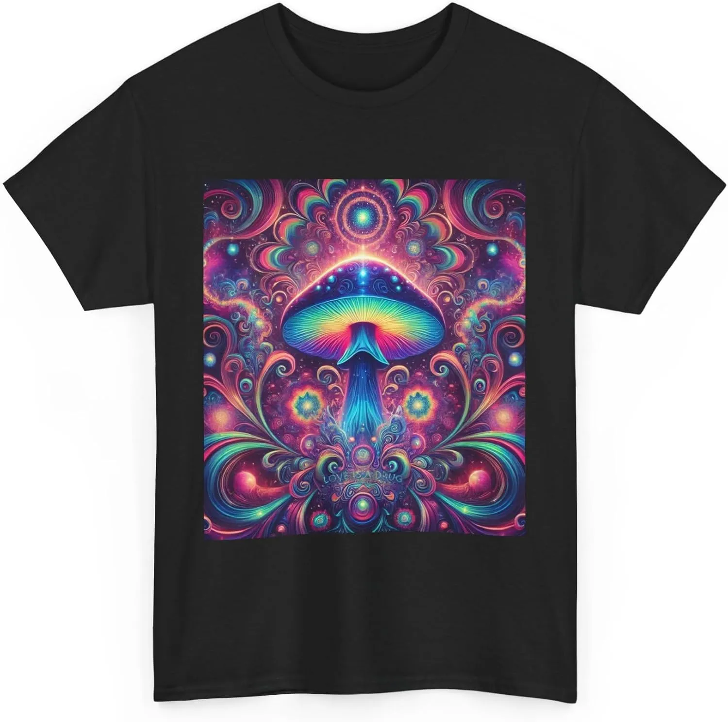 Psychedelic Cosmic Mushroom Tee - Unisex Heavy Cotton Shirt, Boho Style, Festival Wear, Unique Graphic T-Shirt, Eclectic Black