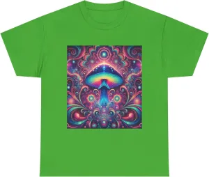 Psychedelic Cosmic Mushroom Tee - Unisex Heavy Cotton Shirt, Boho Style, Festival Wear, Unique Graphic T-Shirt, Eclectic Electric Green