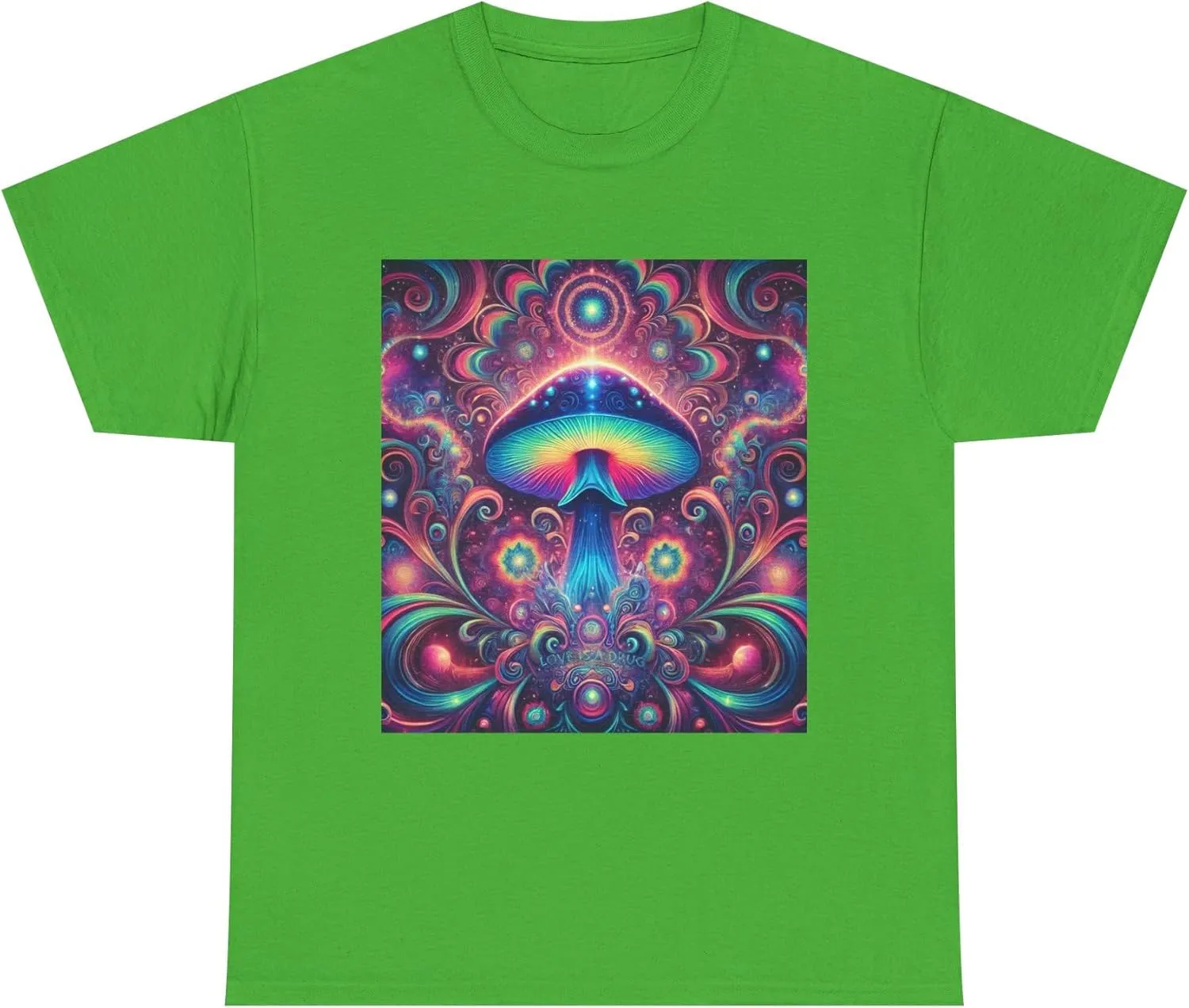 Psychedelic Cosmic Mushroom Tee - Unisex Heavy Cotton Shirt, Boho Style, Festival Wear, Unique Graphic T-Shirt, Eclectic Electric Green
