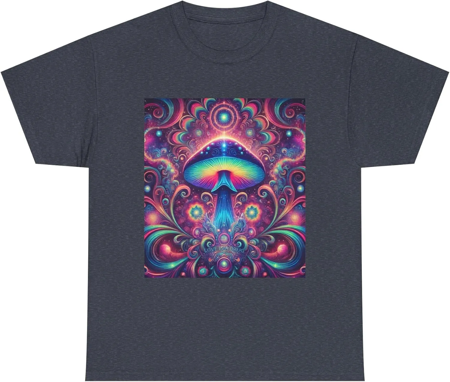 Psychedelic Cosmic Mushroom Tee - Unisex Heavy Cotton Shirt, Boho Style, Festival Wear, Unique Graphic T-Shirt, Eclectic Heather Navy